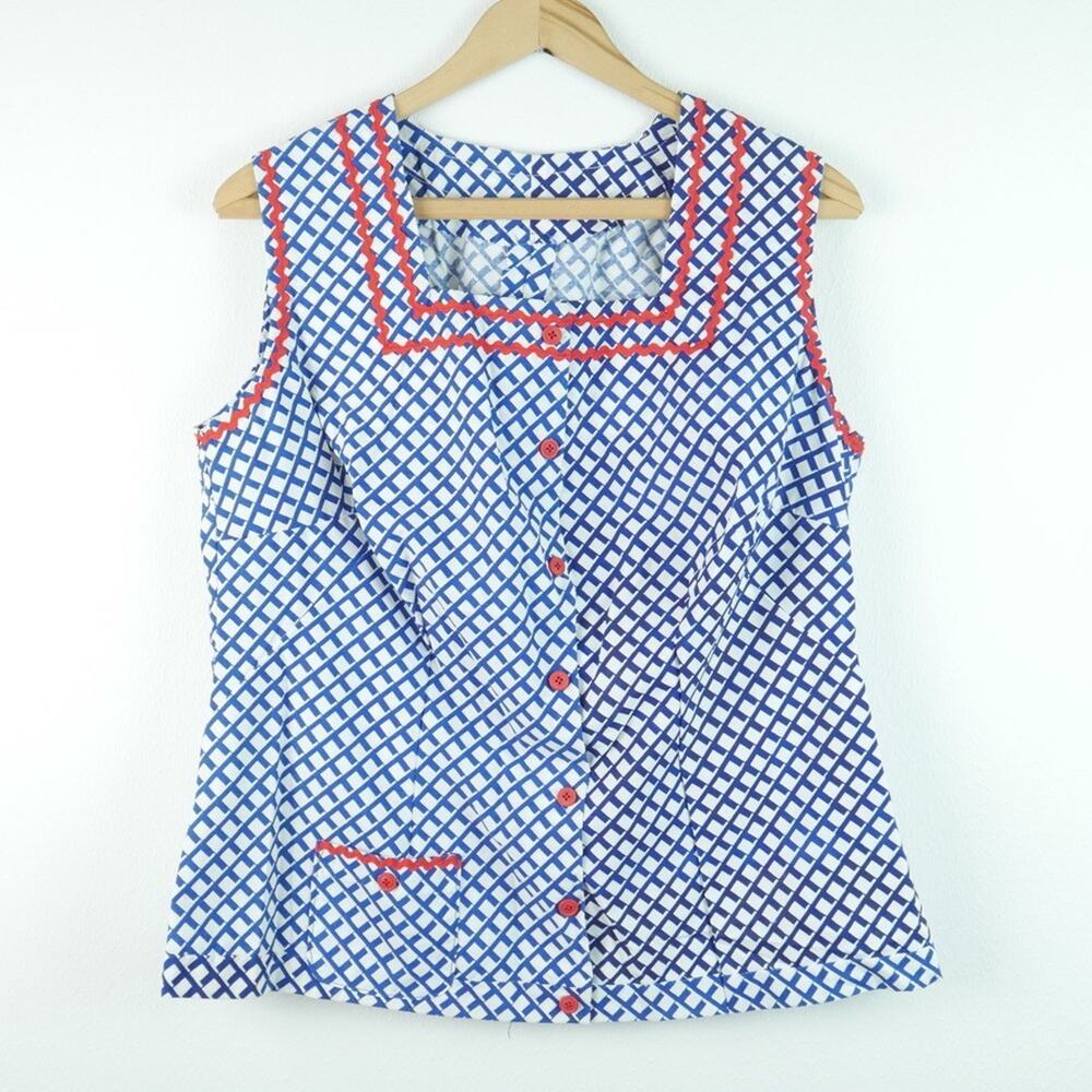 Vintage Handmade Square Neck Top 70s L XL Blue Country Cottagecore Prairie Retro